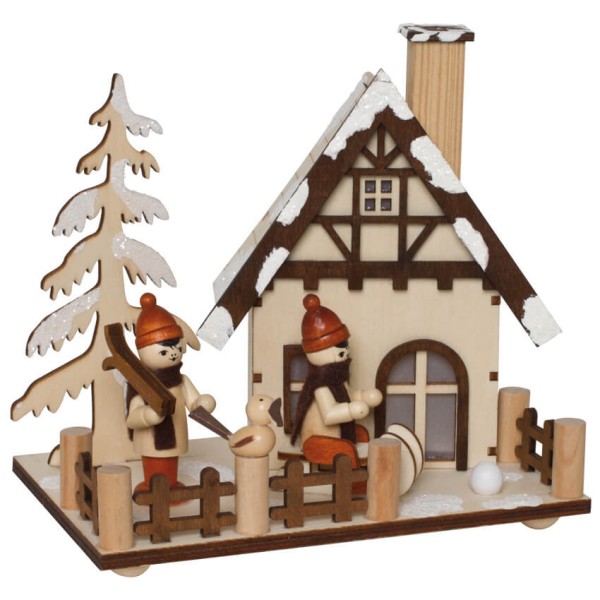 Räucherhäuschen Winterkinder mit Schlitten und Skiern inkl. Räucherkerzen
